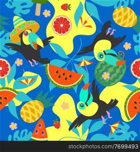 Summer bright vector seamless pattern with cheerful toucans, juicy pineapples and watermelons on a blue and yellow background.. Summer bright vector seamless pattern with juicy fruits and tropical leaves.
