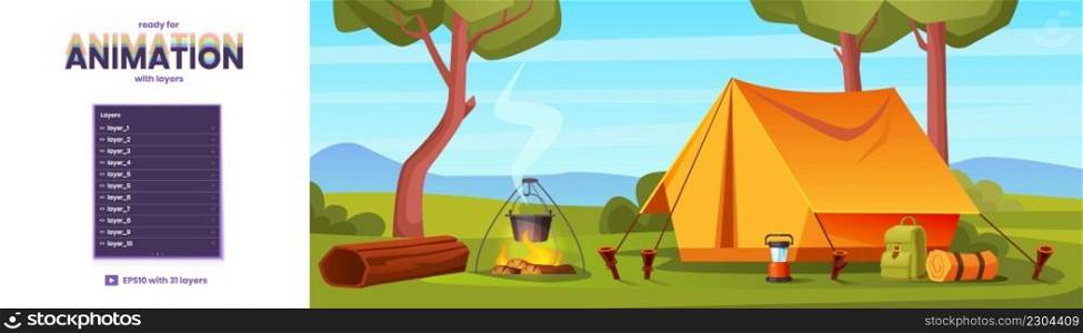 Summer c&in forest with tent and bonfire. Vector parallax background ready for 2d animation with cartoon illustration of landscape with trees, green grass, log and c&site with backpack. Parallax background with summer c&with tent