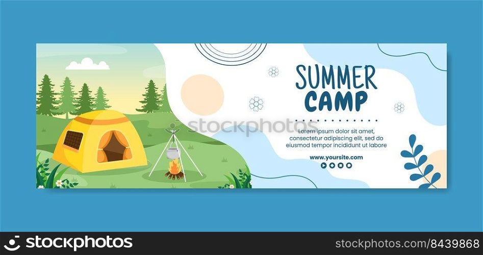 Summer C&ing Social Media Banner Template Flat Cartoon Background Vector Illustration