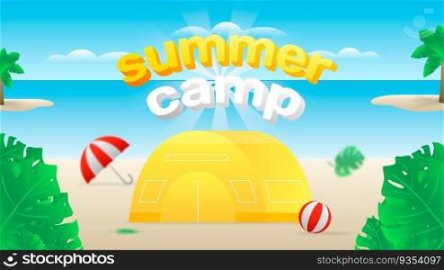 Summer C&on beach with balloon and umbrella. Background Illustration with editable text.