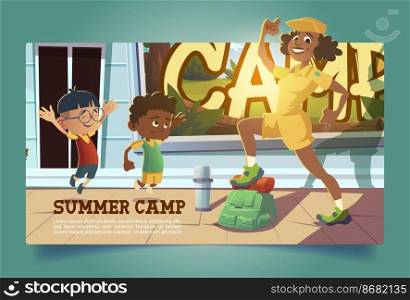 Summer c&poster with kids and woman going to hike. Vector banner with cartoon illustration of young scouts and teacher prepare to trekking with backpack and thermos on street. Summer c&poster with people going to hike