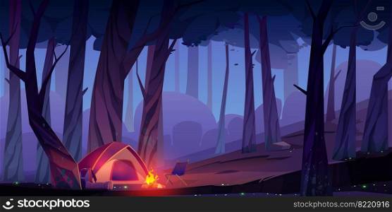 Summer c&with bonfire and tent at night. Vector cartoon landscape with c&site, fire and backpack in dark evenint wood. Illustration of travel, hiking and activity vacation. Summer c&with bonfire and tent at night
