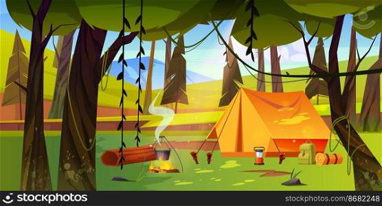 Summer c&with bonfire, tent, backpack and lantern. Vector cartoon landscape with mountains, forest and c&site with bowler on fire. Equipment for picnic, travel, hiking and activity vacation. Summer c&with bonfire and tent in forest