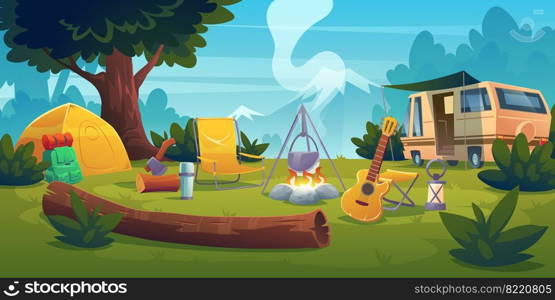 Summer c&with bonfire, tent, van, backpack, chair and guitar. Vector cartoon landscape with mountain, forest and c&site. Equipment for travel, hiking and activity vacation. Summer c&with bonfire, tent, van and backpack