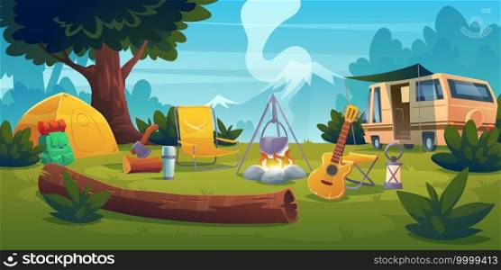 Summer c&with bonfire, tent, van, backpack, chair and guitar. Vector cartoon landscape with mountain, forest and c&site. Equipment for travel, hiking and activity vacation. Summer c&with bonfire, tent, van and backpack