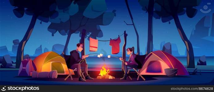 Summer c&with couple, tent and c&fire at night. Vector cartoon landscape of two people in natural parkland, countryside with lake and mountains on background. Picnic on river beach. Couple in c&with tent and c&fire at night