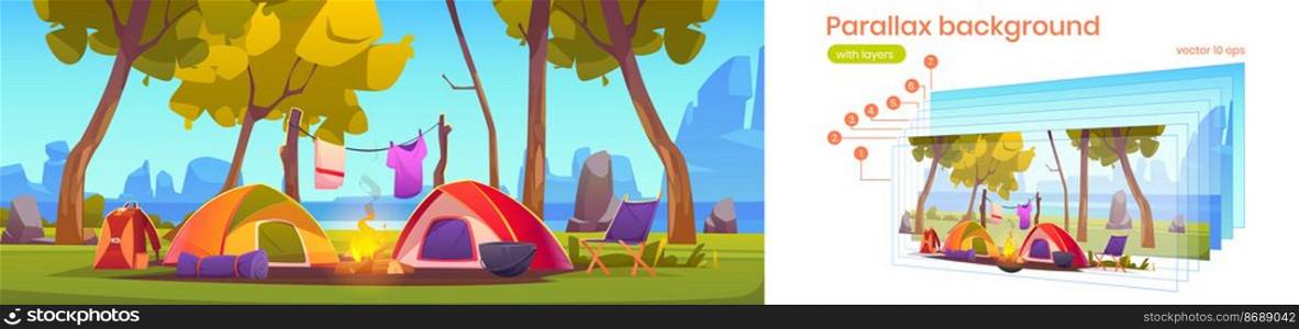 Summer c&with tents, chair and c&fire on river shore. Vector parallax background for 2d animation with cartoon landscape with c&site, trees, lake beach and mountains on background. Parallax background with c&on river shore