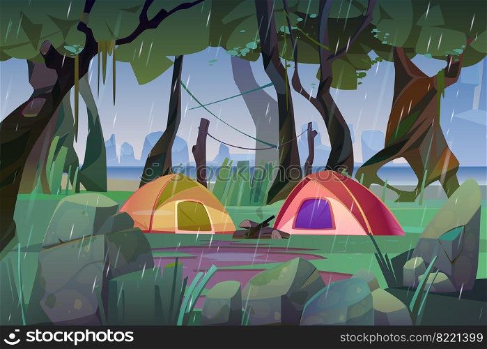 Summer c&with tents in forest at rainy weather. Vector cartoon landscape with rain, c&site, trees and stones in natural parkland with lake and mountains on background. Summer c&with tents in forest at rainy weather