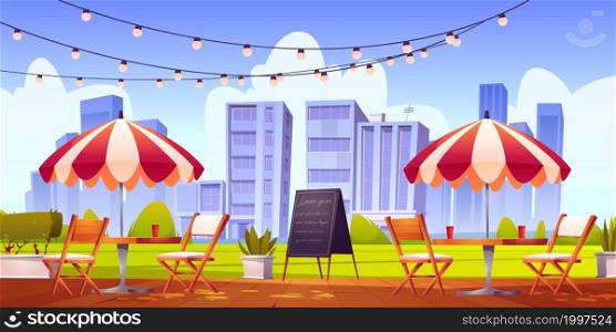 Summer cafe at outdoor terrace, city coffeehouse with wooden tables, chairs and umbrella, plants and chalkboard menu on cityscape view. Street drinks and snacks cafeteria, Cartoon vector illustration. Summer cafe at outdoor terrace, city coffeehouse