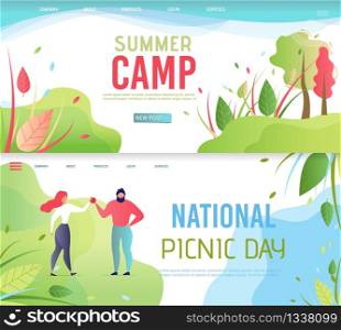 Summer Camp and National Picnic Day Landing Page Set. Vector Cartoon People, Man and Woman, Friends, Couple in Love Enjoying Outdoor Recreation in Park or Forest Illustration in Flat Style. Summer Camp, National Picnic Day Landing Page Set