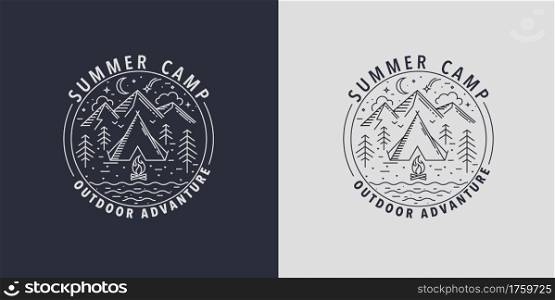 Summer Camp Badges.Logo for camping activities in wildlife.Emblem for scout with tent,bonfire, mountain,river and forest.Time for fun and activity programs in summertime holiday.Vector illustration.. Wildlife Summer Camp Badges.