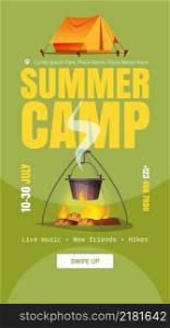 Summer camp banner with tent, bonfire and bowler. Vector social media template of tourism, hiking, vacation on nature with cartoon illustration of campsite with tent and cauldron on fire. Summer camp banner with tent, bonfire and bowler