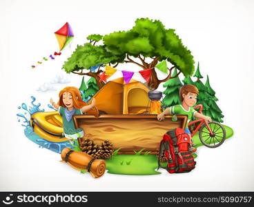 Summer camp. Camping and adventure, 3d vector illustration