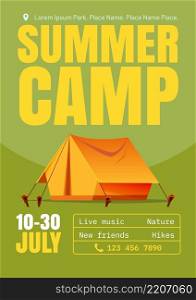 Summer camp cartoon poster with tent, invitation for camping adventure on nature with live music, new friends and hikes, promotion for tourists holidays outdoor hiking activity, Vector illustration. Summer camp cartoon poster with tent, invitation
