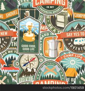Summer camp colorful seamless pattern with travel inspirational quotes. Vector illustration. Background, wallpaper, pattern with retro camping tea kettle, primus, compass, backpack , campfire, tent. Summer camp colorful seamless pattern with travel inspirational quotes. Vector illustration. Background, wallpaper, pattern with retro camping tea kettle, primus, compass, backpack , campfire, tent.