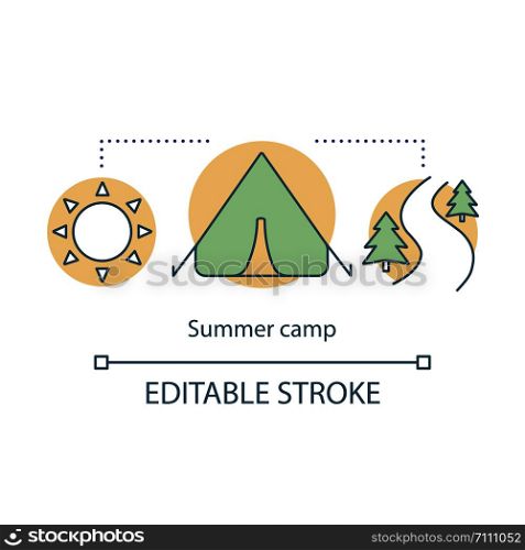 Summer camp concept icon. Summer hiking and camping club, holiday resort idea thin line illustration. Travelling in woods, backpacking in forest. Vector isolated outline drawing. Editable stroke