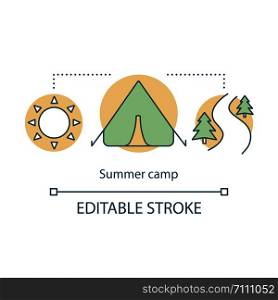 Summer camp concept icon. Summer hiking and camping club, holiday resort idea thin line illustration. Travelling in woods, backpacking in forest. Vector isolated outline drawing. Editable stroke