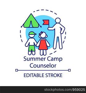 Summer camp counselor concept icon. Seasonal job idea thin line illustration. Childcare worker, educator. Campers supervision. Temporary recruitment. Vector isolated outline drawing. Editable stroke
