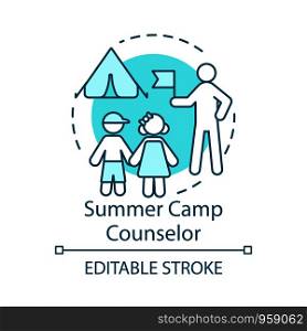 Summer camp counselor concept icon. Seasonal job idea thin line illustration. Childcare worker, employee. Campers supervision. Part-time job. Vector isolated outline drawing. Editable stroke
