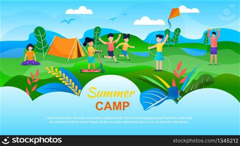 Summer Camp for Children Advertising Banner. Flat Cartoon Kids Playing with Kite, Scooting, Running on Valley. Man and Woman, Educators and Counselors Meditating, Doing Exercise. Vector Illustration. Summer Camp for Children Advertising Flat Banner