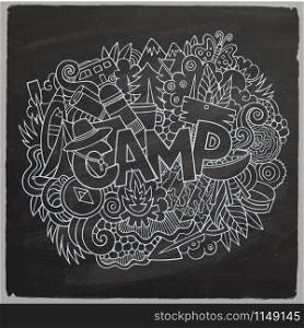 Summer camp hand lettering and doodles elements and symbols background. Vector hand drawn chalkboard illustration. Summer camp hand lettering and doodles elements background