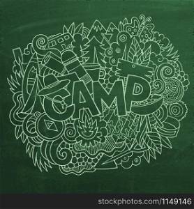 Summer camp hand lettering and doodles elements and symbols background. Vector hand drawn chalkboard illustration. Summer camp hand lettering and doodles elements background