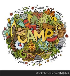 Summer camp hand lettering and doodles elements and symbols background. Vector hand drawn sketchy illustration. Summer camp hand lettering and doodles elements background