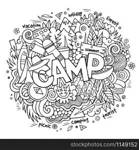 Summer camp hand lettering and doodles elements and symbols background. Vector hand drawn sketchy illustration. Summer camp hand lettering and doodles elements background