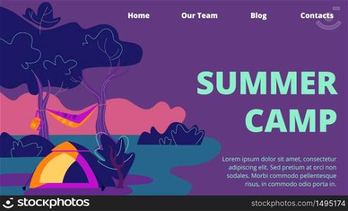 Summer Camp Horizontal Banner, Tent, Hammock and Backpack on Deep Forest Landscape Background with Trees and Bushes at Night Time. Hiking, Summertime Leisure, Vacation Cartoon Flat Vector Illustration. Summer Camping at Night Time Horizontal Banner