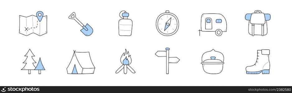 Summer camp icons with tent, backpack, map, compass and fire. Vector set of hand drawn symbols of hiking equipment, campfire, trailer, shovel, shoes, bowler and signpost. Summer camp icons with tent, backpack, map, fire