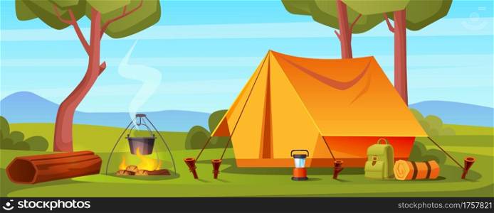 Summer camp in forest with bonfire, tent, backpack and lantern. Vector cartoon landscape with campsite, trees, log and bowler on fire. Equipment for travel, hiking and activity vacation. Summer camp in forest with bonfire, tent, backpack