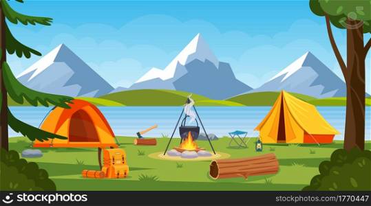 Summer camp in forest with bonfire, tent, backpack and lantern. cartoon landscape with mountain, forest and campsite. Equipment for travel, hiking. Vector illustration in flat style. Summer camp in forest with bonfire, tent, backpack and lantern.