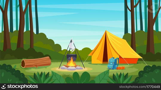Summer camp in forest with bonfire, tent, backpack. cartoon landscape , forest and campsite. Equipment for travel. Vector illustration in flat style. Summer camp in forest with bonfire, tent, backpack