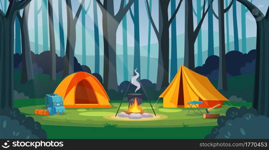 Summer camp in forest with bonfire, tent, backpack. cartoon landscape , forest and campsite. Equipment for travel. Vector illustration in flat style. Summer camp in forest with bonfire, tent, backpack