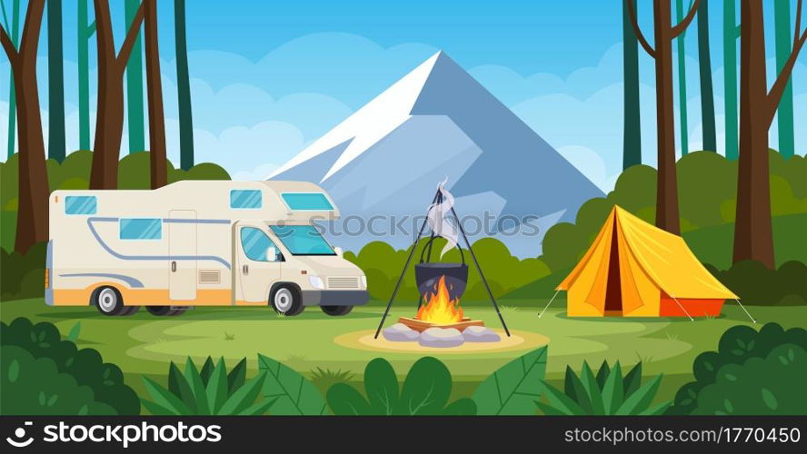 Summer camp in forest with bonfire, tent, van. cartoon landscape with mountain, forest and campsite. Equipment for travel, hiking. Vector illustration in flat style. Summer camp in forest with bonfire, tent, backpack