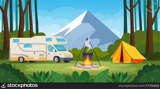 Summer camp in forest with bonfire, tent, van. cartoon landscape with mountain, forest and campsite. Equipment for travel, hiking. Vector illustration in flat style. Summer camp in forest with bonfire, tent, backpack