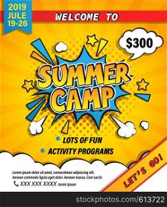 Summer camp invitation banner with handdrawn lettering in comic speech bubble on halftone background. Let's go camping and travelling on holiday. Template for posters, flyers. Vector illustration.. Summer camp invitation banner.