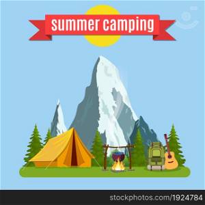 Summer camp. Landscape with yellow tent, campfire, forest and mountains on the background. Adventures in nature, vacation, and tourism vector illustration.. Summer camp. Landscape with yellow tent,