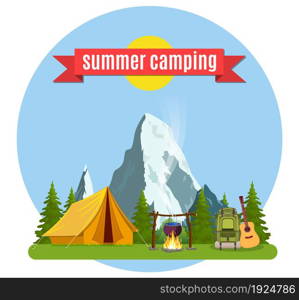 Summer camp. Landscape with yellow tent, campfire, forest and mountains on the background. Adventures in nature, vacation, and tourism vector illustration.. Summer camp. Landscape with yellow tent,