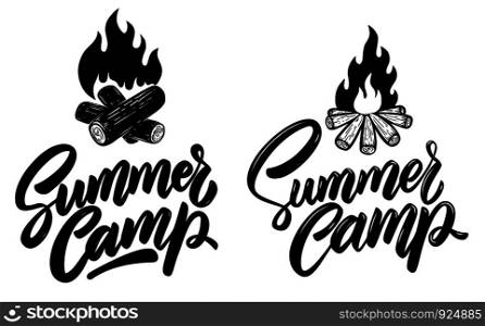 Summer camp. Lettering phrase with illustration of campfire. Design element for poster, card, banner, t shirt, emblem, sign. Vector illustration