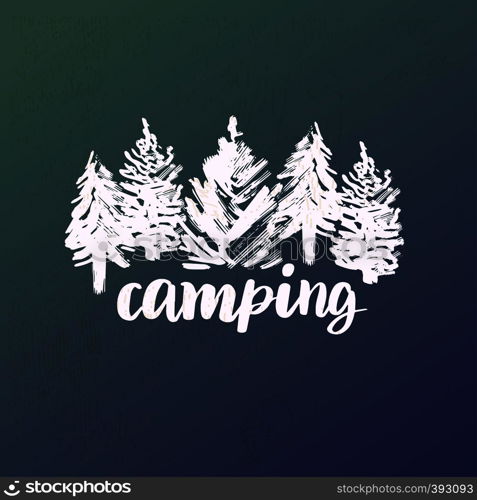 Summer camp logotype or badge. Vector illustration. Concept for shirt or logo, print, stamp.. Vintage typography design with lettering text and forest silhouette.. Summer camp logotype or badge. Vector illustration. Concept for shirt or logo, print, stamp.. Vintage typography design with lettering text and forest silhouette