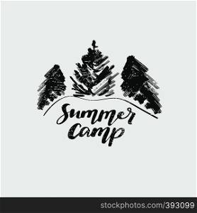 Summer camp logotype or badge. Vector illustration. Concept for shirt or logo, print, stamp.. Vintage typography design with lettering text and forest silhouette.. Summer camp logotype or badge. Vector illustration. Concept for shirt or logo, print, stamp.. Vintage typography design with lettering text and forest silhouette
