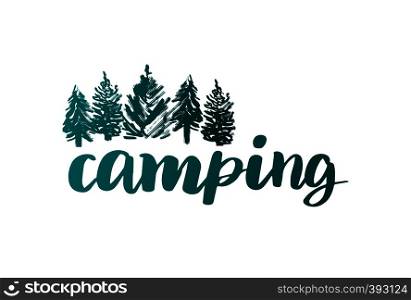 Summer camp logotype or badge. Vector illustration. Concept for shirt or logo, print, stamp.. Vintage typography design with lettering text and forest silhouette.. Summer camp logotype or badge. Vector illustration. Concept for shirt or logo, print, stamp.. Vintage typography design with lettering text and forest silhouette