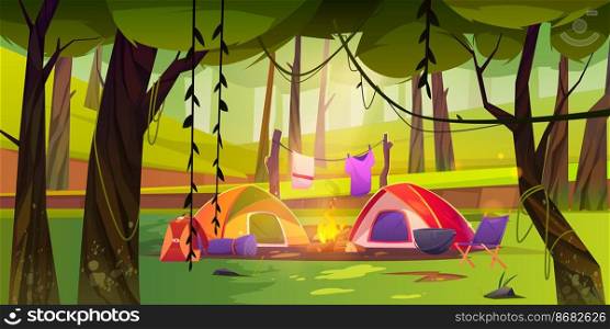 Summer camp on forest glade with tent and campfire. Vector cartoon landscape of woods or natural park with green trees and grass, camping with chair, boiler, backpack and clothesline above fire. Summer camp on forest glade with tent and campfire