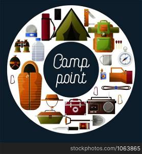 Summer camp poster of forest and hiking camping tools. Vector camping adventure rope for mountaineering, sleeping bag and backpack with compass or food bowler and campfire lighter icons. Summer camp poster of forest and hiking camping tools.