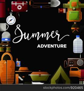 Summer camp poster of forest and hiking camping tools. Vector camping adventure rope for mountaineering, sleeping bag and backpack with compass or food bowler and campfire lighter icons. Summer camp poster of forest and hiking camping tools.