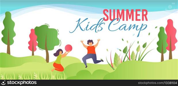 Summer Camp Promo Poster with Happy Cartoon Kids. Flat Banner Template with Font and Handwritten Title. Cheerful Children Jumping and Playing Ball Together during Sunny Day. Vector Illustration. Summer Camp Promo Poster with Happy Cartoon Kids
