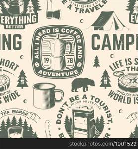 Summer camp seamless pattern or background. Vector. Seamless scene with metallic coffee maker , backpack, mug, camping tent, compass silhouette. Outdoor adventure background for wallpaper or wrapper. Summer camp seamless pattern or background. Vector. Seamless scene with metallic coffee maker , backpack, mug, camping tent, compass silhouette. Outdoor adventure background for wallpaper or wrapper.