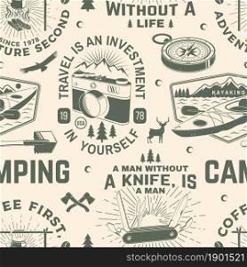 Summer camp seamless pattern or background. Vector. Seamless scene with photo camera, kayak , mountain, pocket knife and forest silhouette. Outdoor adventure background for wallpaper or wrapper. Summer camp seamless pattern or background. Vector. Seamless scene with photo camera, kayak , mountain, pocket knife and forest silhouette. Outdoor adventure background for wallpaper or wrapper.