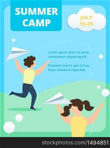 Summer Camp Vertical Banner. Happy Children Throw Paper Airplanes on Summertime Nature Landscape Background, Outdoor Activity. Boy and Girl Leisure, Vacation, Freedom Cartoon Flat Vector Illustration. Happy Children Throw Paper Airplanes in Summertime